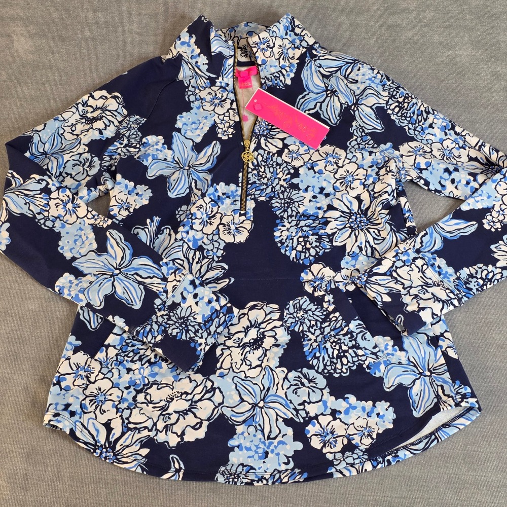 Lilly Pulitzer Skipper Popover Low Tide Navy Bouquet All Day Floral UPF 50+S NEW